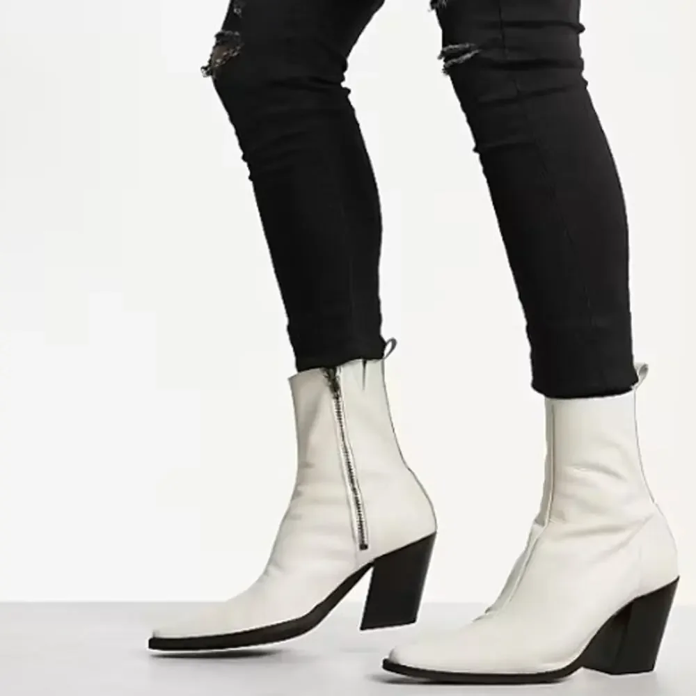 ASOS Women's Leather Angled Heeled Chelsea Ankle Bootie Size 10 White Side Zip‎
